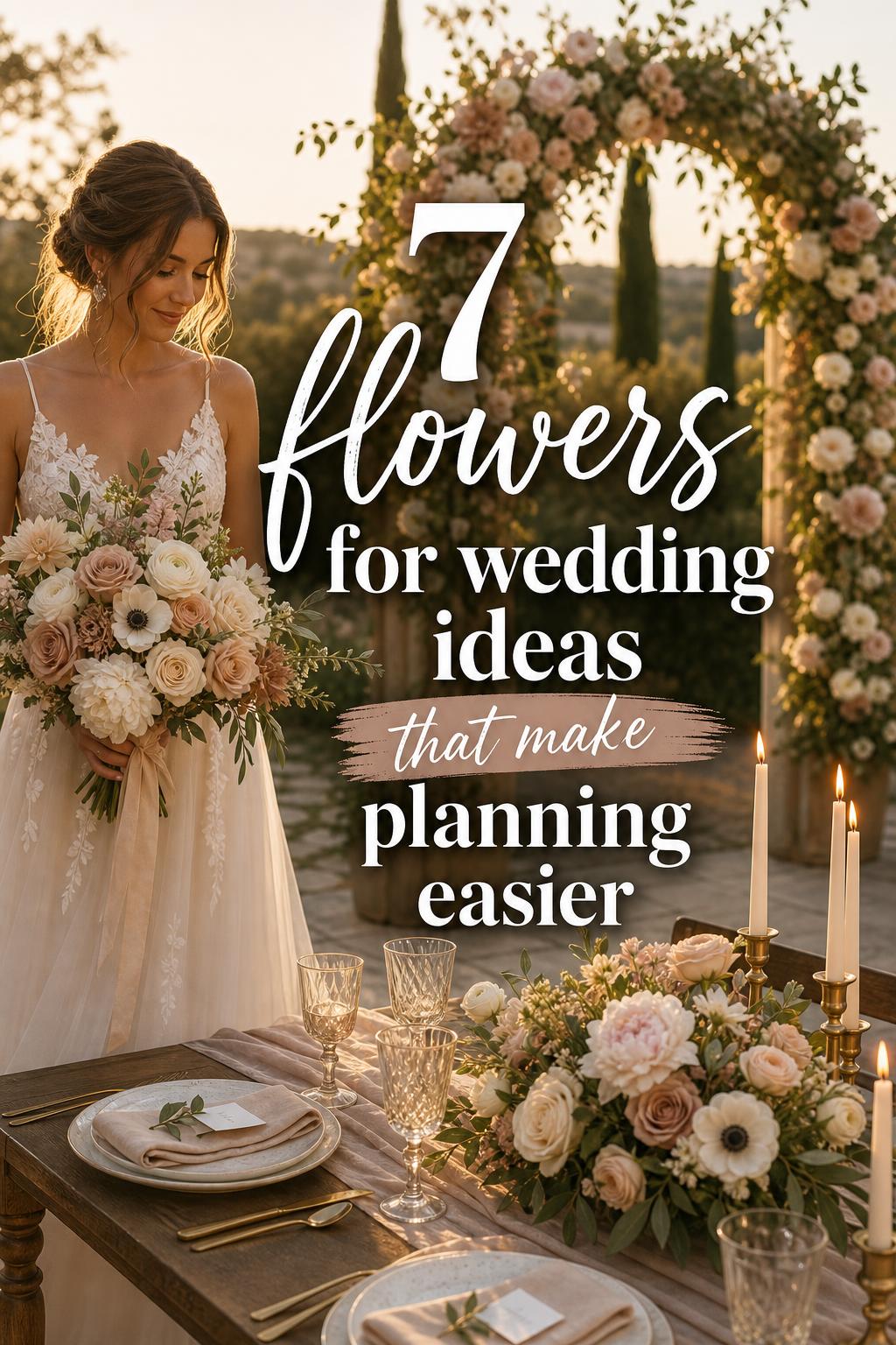 Bride holding blush bouquet beside coordinated tablescape and ceremony arch, showcasing flowers for wedding ideas at golden hour