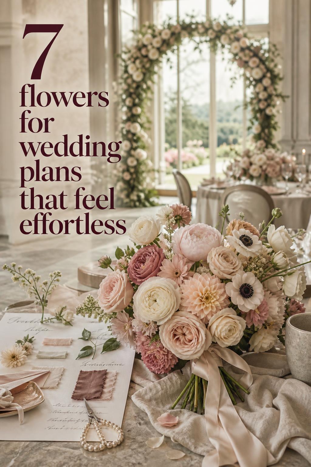 Flowers for wedding planning scene with ivory blush bouquet, sample board, and blurred ceremony arch in bright ballroom