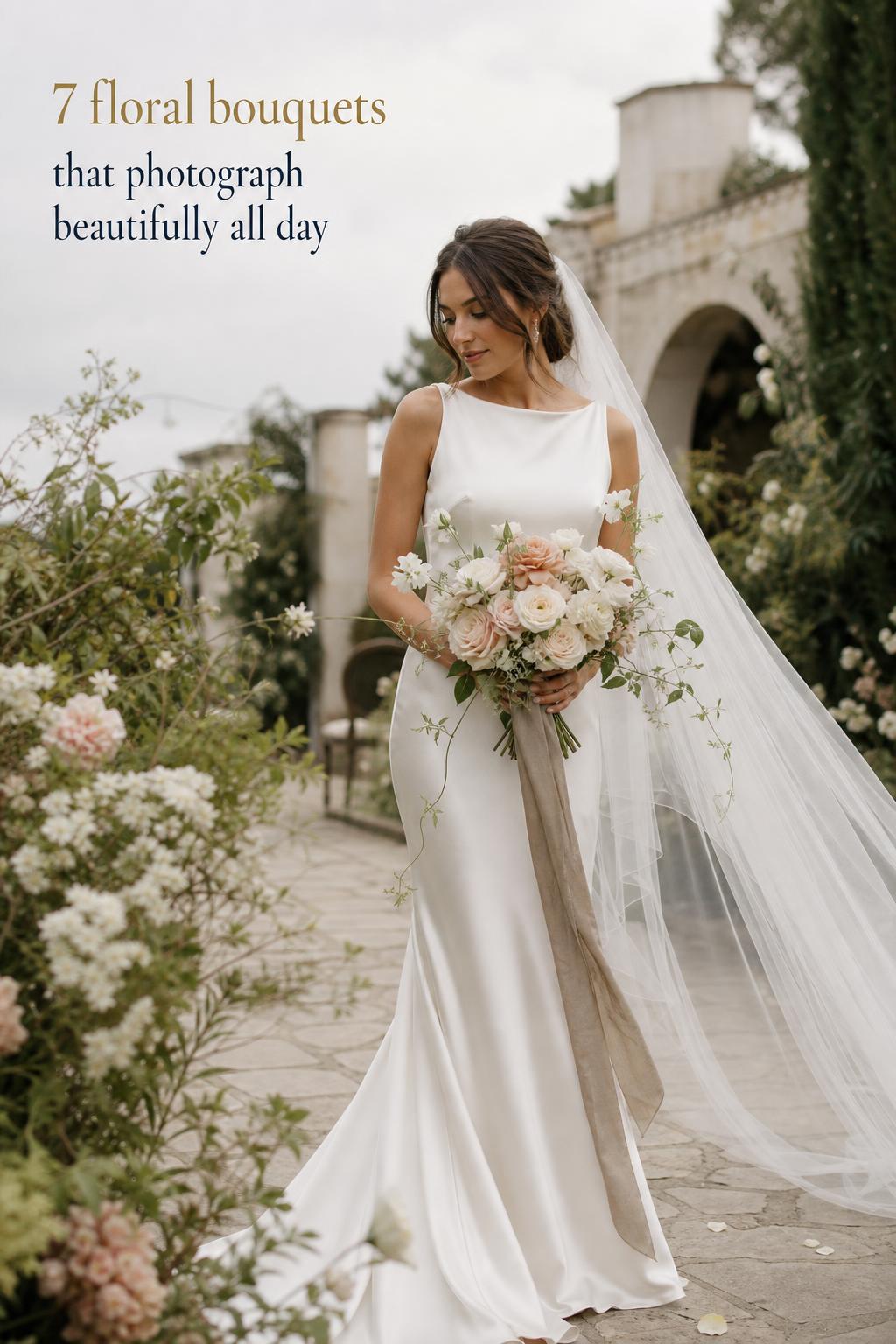 Bride holding floral bouquets at waist in a minimal garden estate wedding photo with satin gown and sculptural blooms