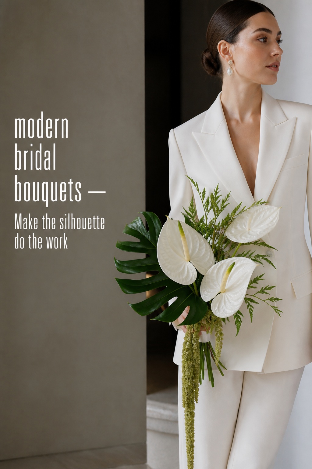 Modern bridal bouquets with sculptural white anthuriums and green foliage