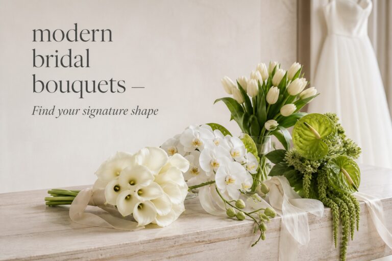 Modern bridal bouquets arranged in a refined editorial wedding still life
