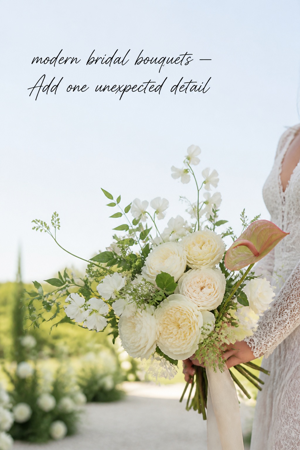 Modern bridal bouquets with airy garden roses and one anthurium accent