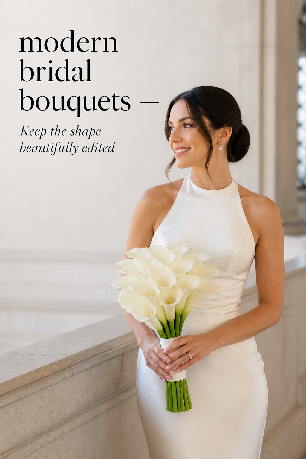 Modern bridal bouquets with a light white orchid cascade and negative space