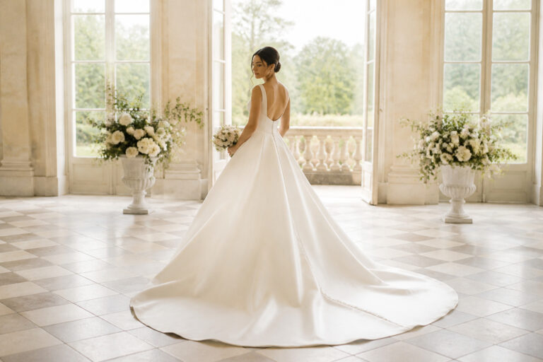 Bridal train dresses in an ivory satin gown with a chapel train