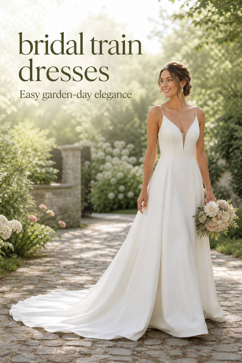 Bridal train dresses with a sweep train for a garden wedding