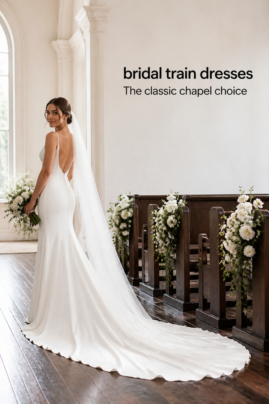 Bridal train dresses with a classic chapel train in a historic chapel