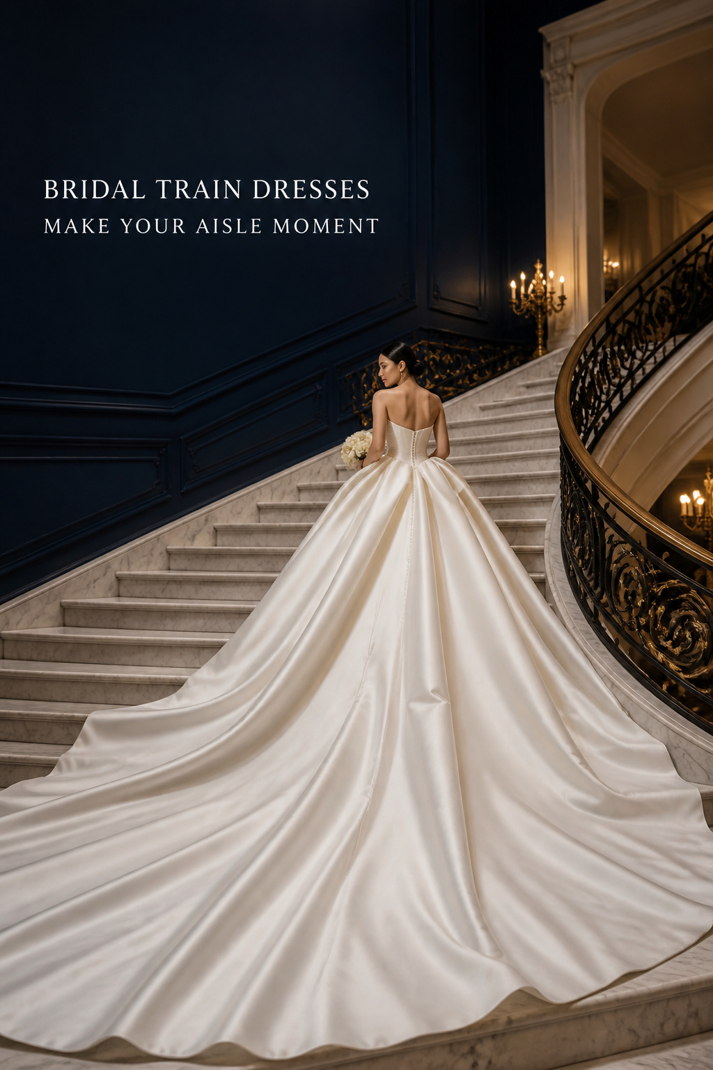 Bridal train dresses with a cathedral train in a formal ballroom