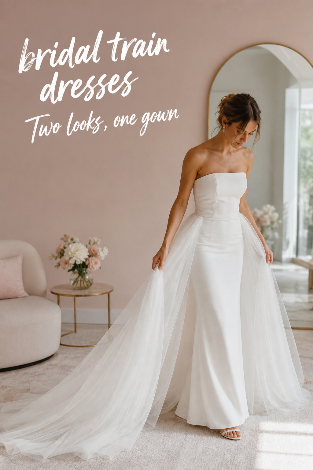 Bridal train dresses with a detachable tulle overskirt for two wedding looks