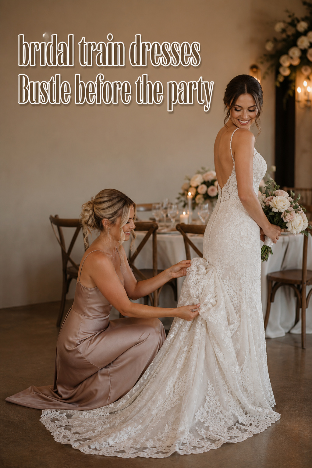 Bridal train dresses being bustled before the wedding reception