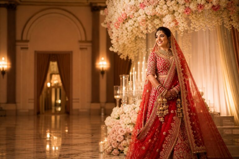 indian bridal fashion in a red and gold lehenga at a wedding venue