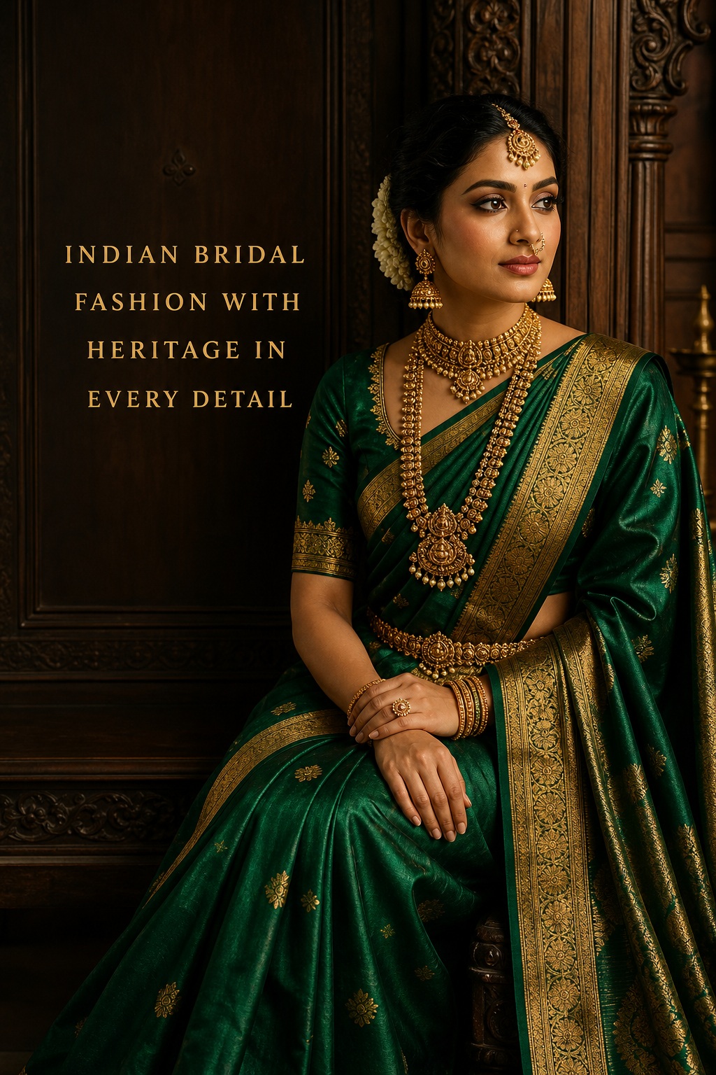 indian bridal fashion in an emerald silk saree with heritage jewelry
