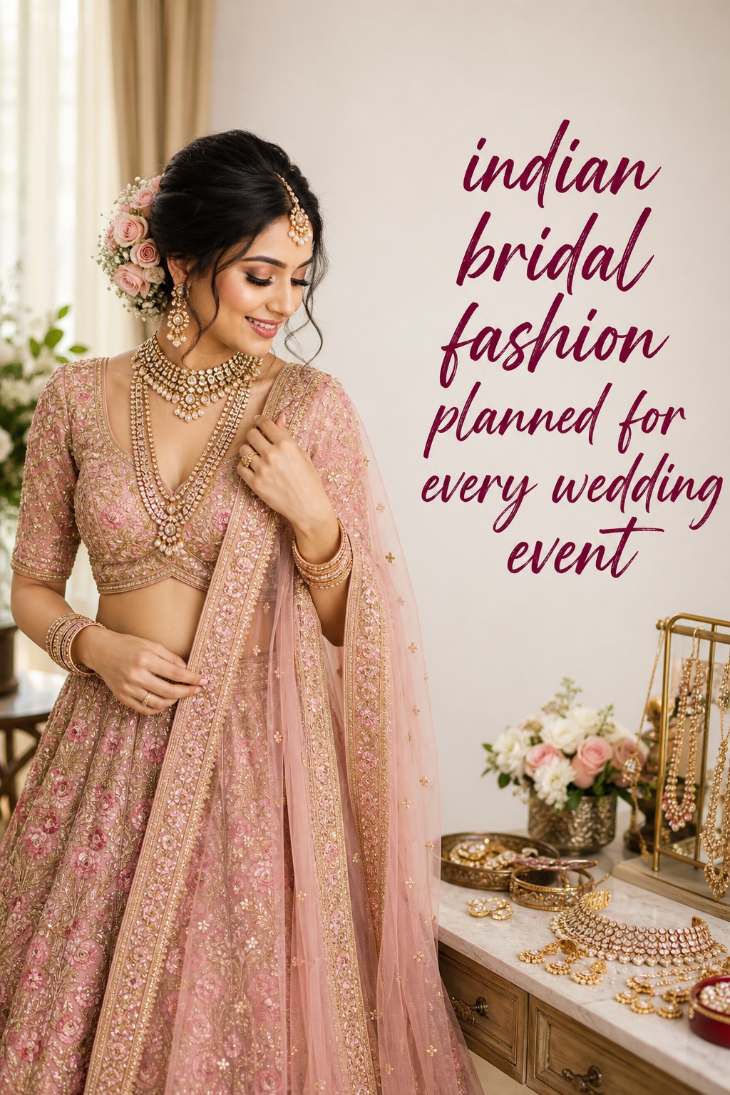 indian bridal fashion preparation with rose lehenga and floral details