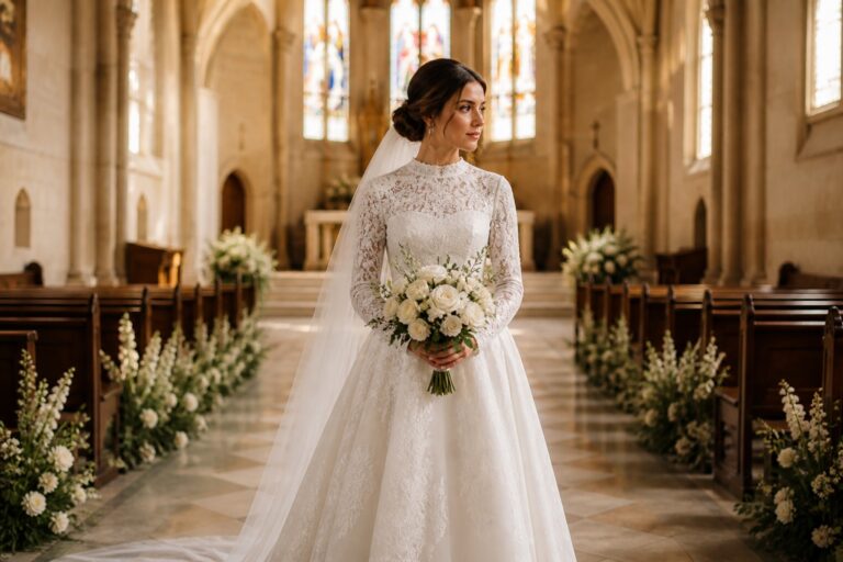Elegant bride wearing modest bridal dresses in a light-filled historic chapel