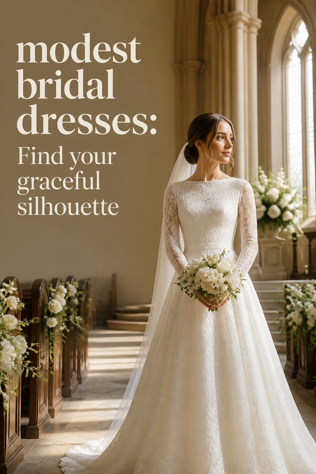 Modest bridal dresses in an elegant high-neck A-line gown with lace sleeves