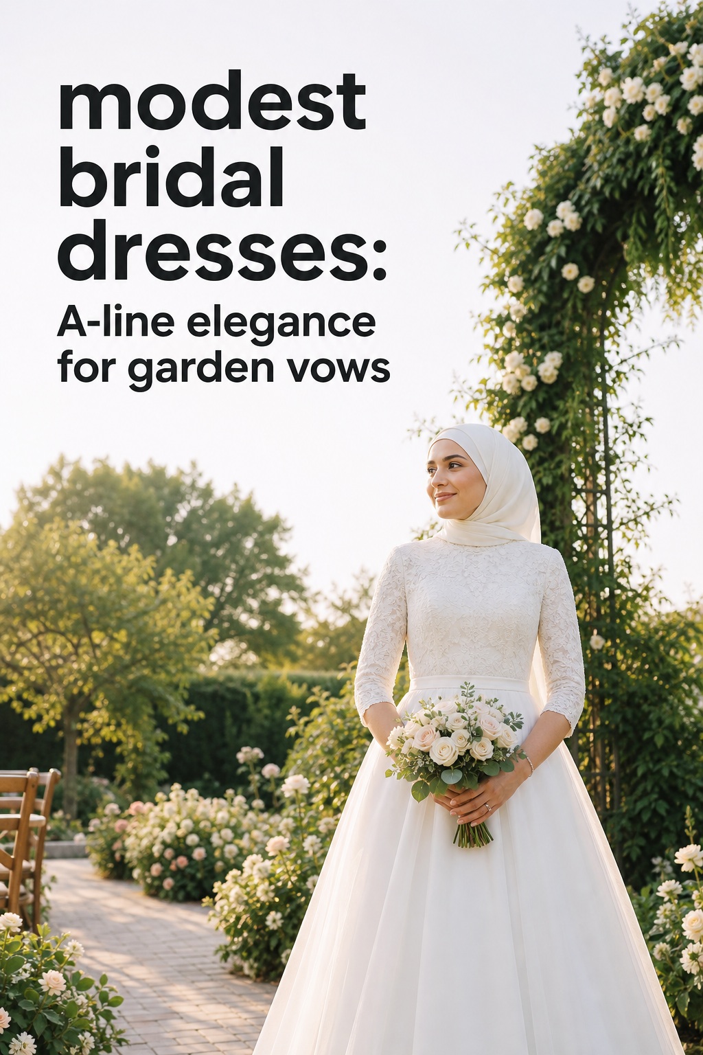 Modest bridal dresses with a high neckline and long sleeves in a chapel