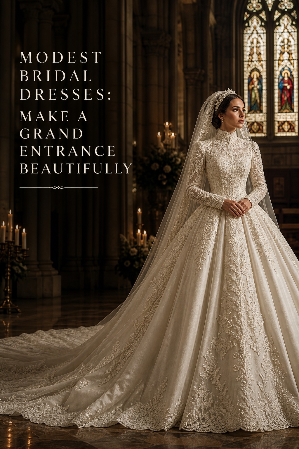 Modest bridal dresses featuring a high-neck crepe gown and covered buttons