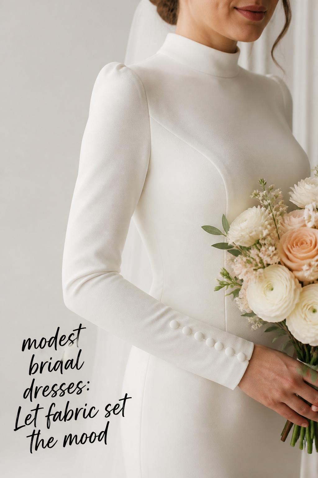 Modest bridal dresses styled with a fingertip veil and pearl earrings