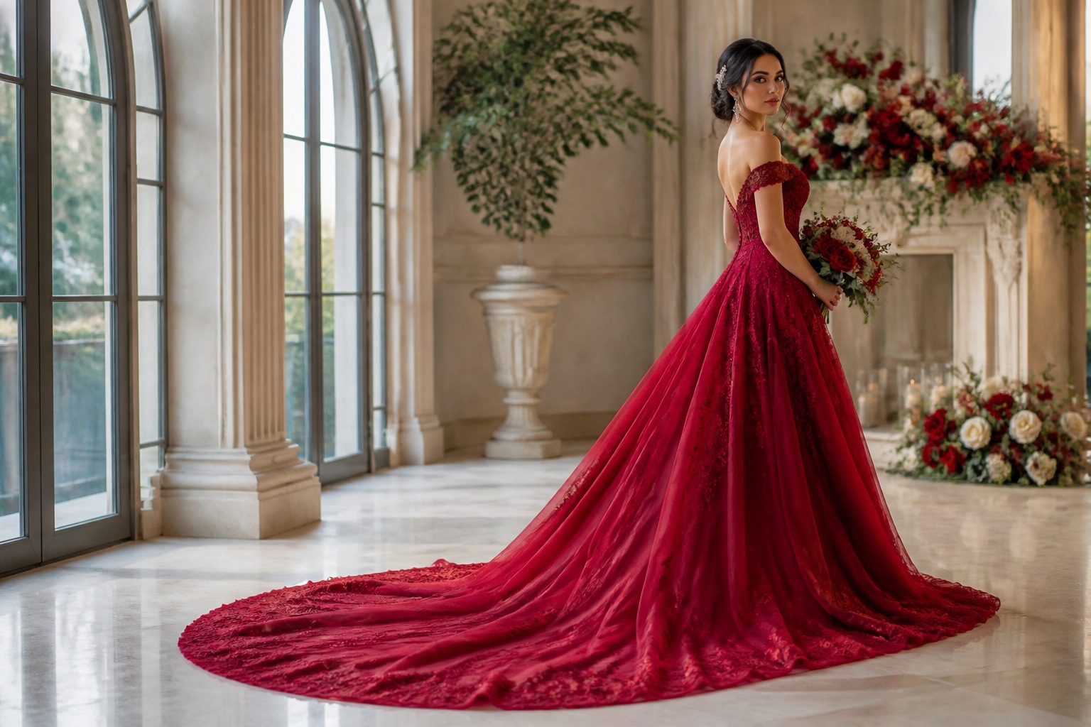 red wedding gowns editorial portrait in a light-filled wedding venue