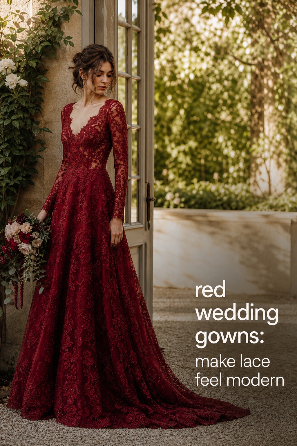 red wedding gowns in burgundy lace for a garden ceremony