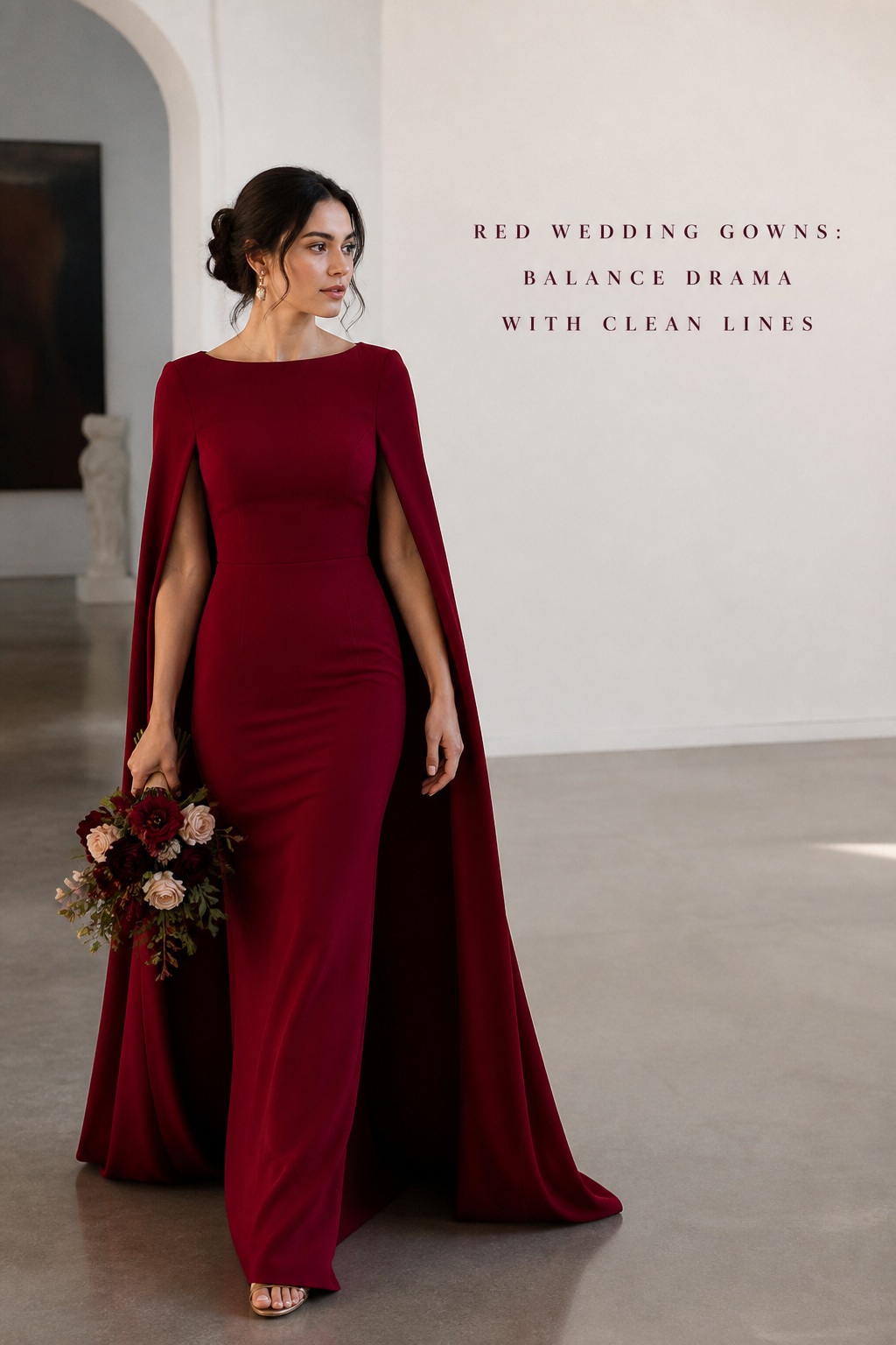 red wedding gowns in an oxblood crepe column with cape