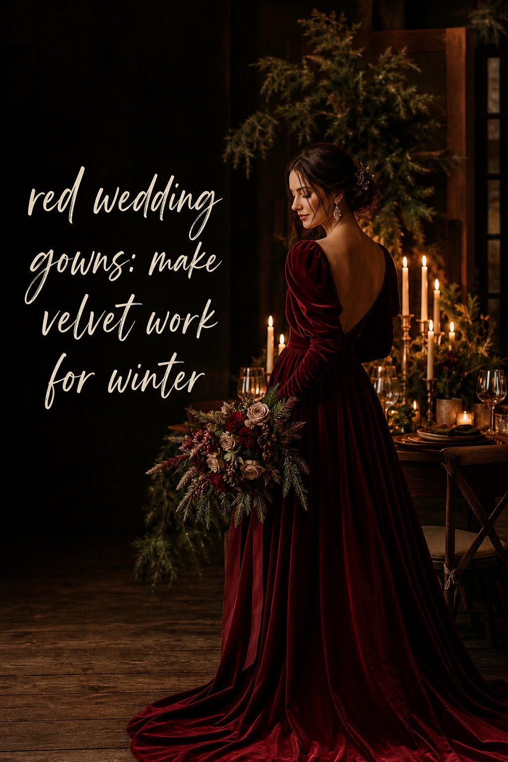 red wedding gowns in velvet for a candlelit winter reception