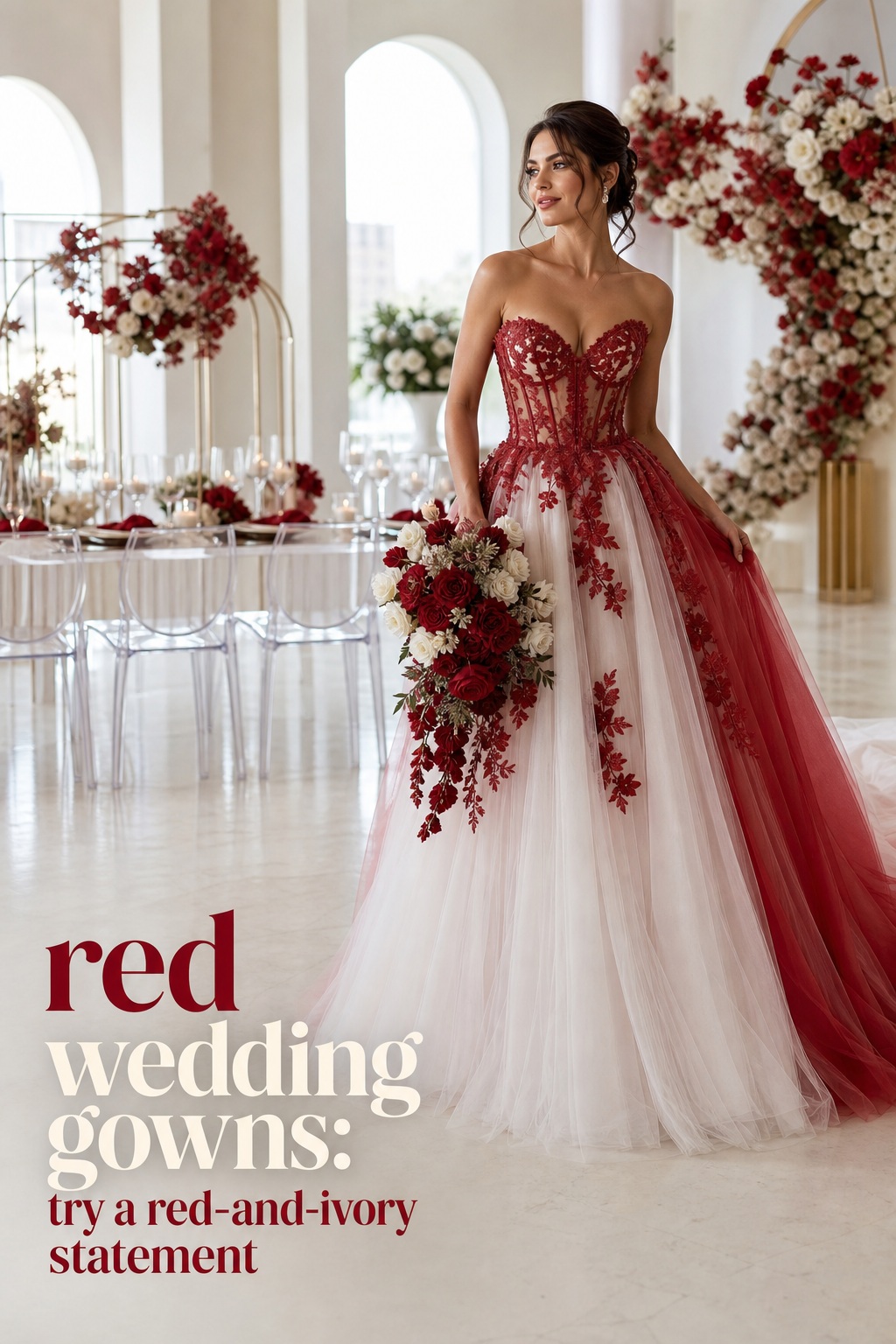 red wedding gowns with an ivory tulle statement skirt