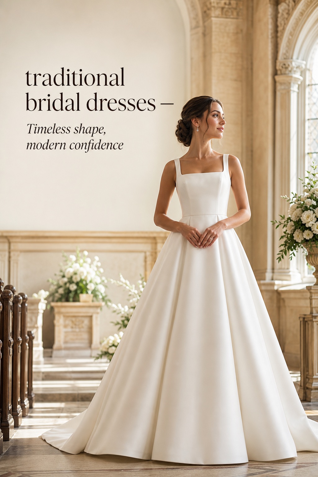 traditional bridal dresses in an ivory A-line gown with timeless shape