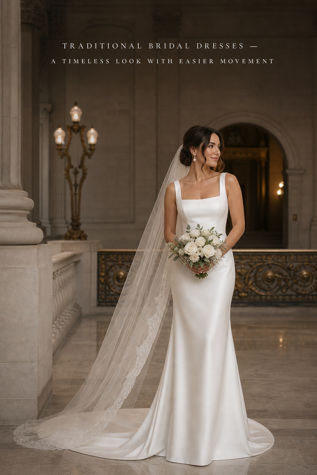 traditional bridal dresses in a slim satin sheath with a long veil