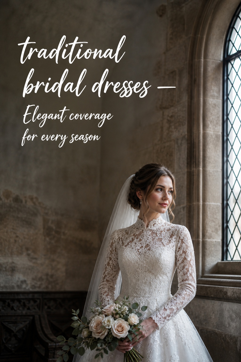 traditional bridal dresses with a high-neck long-sleeve lace gown
