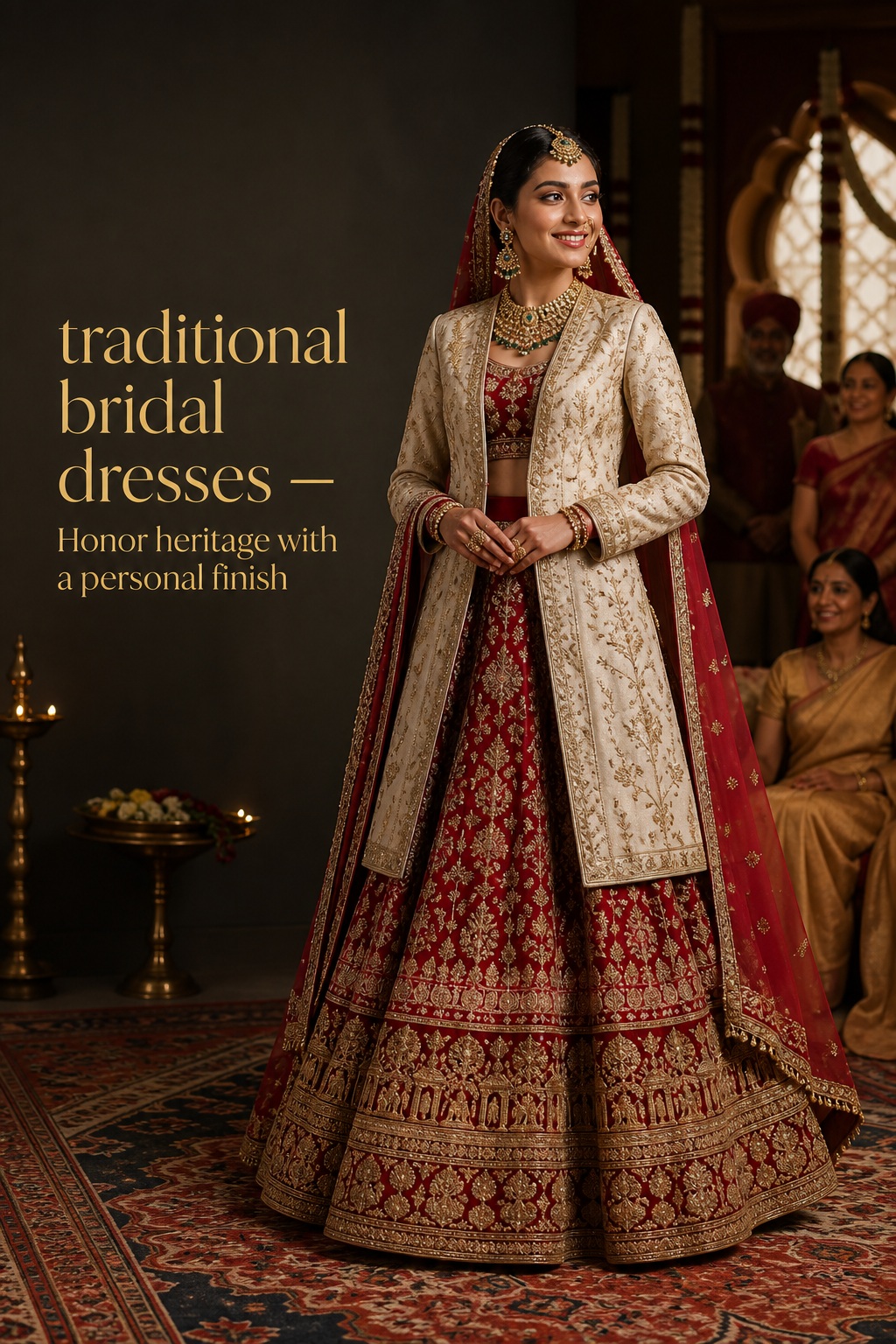 traditional bridal dresses in a heritage-rooted red and gold bridal outfit