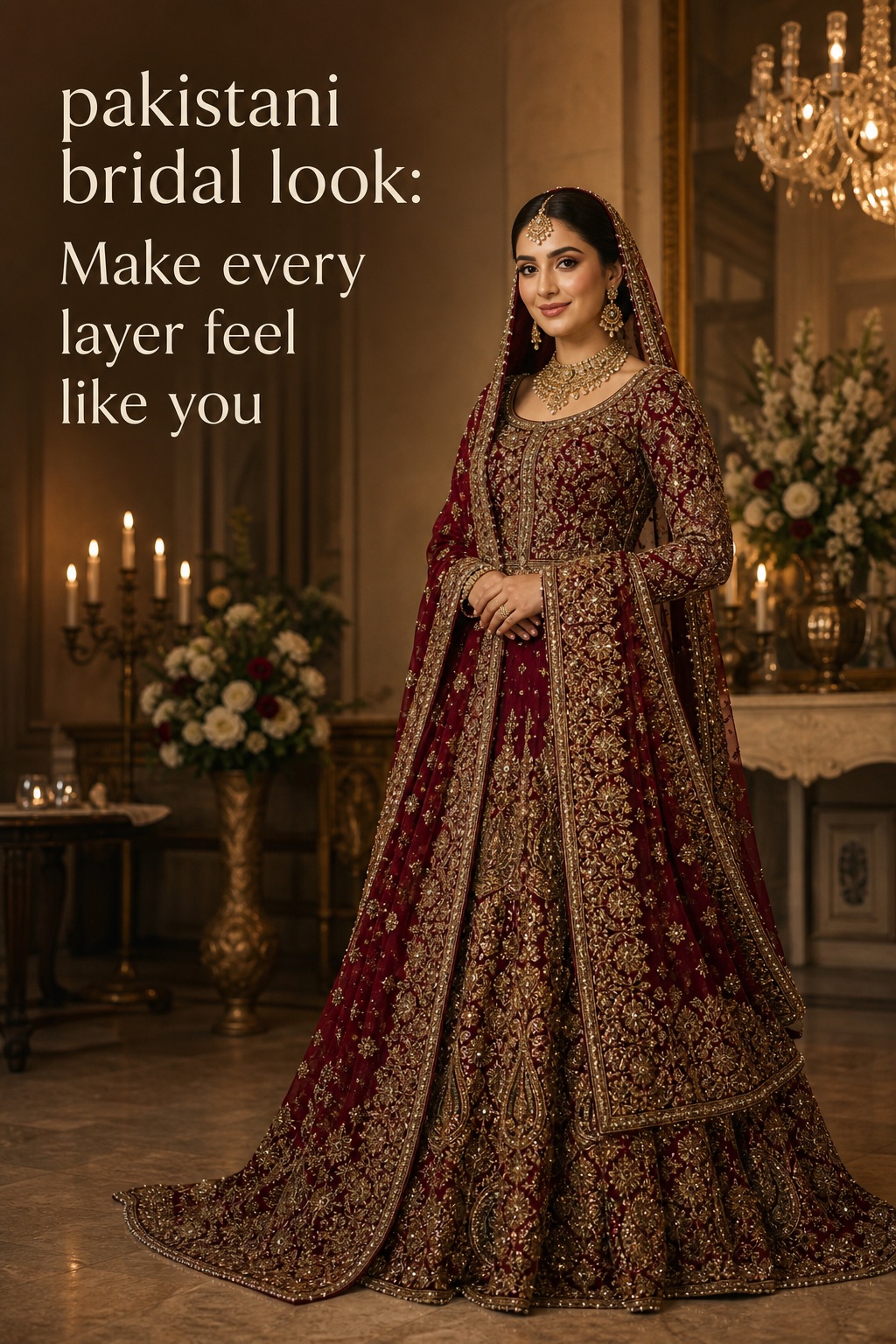 pakistani bridal look in a crimson and antique gold embroidered lehenga