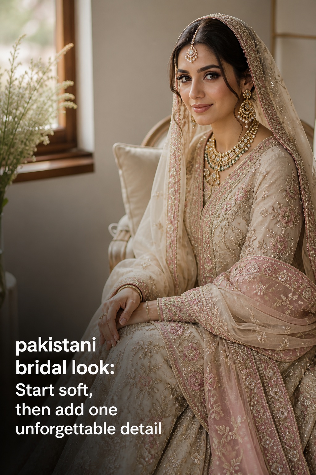 pakistani bridal look in an ivory and dusty pink Nikkah sharara
