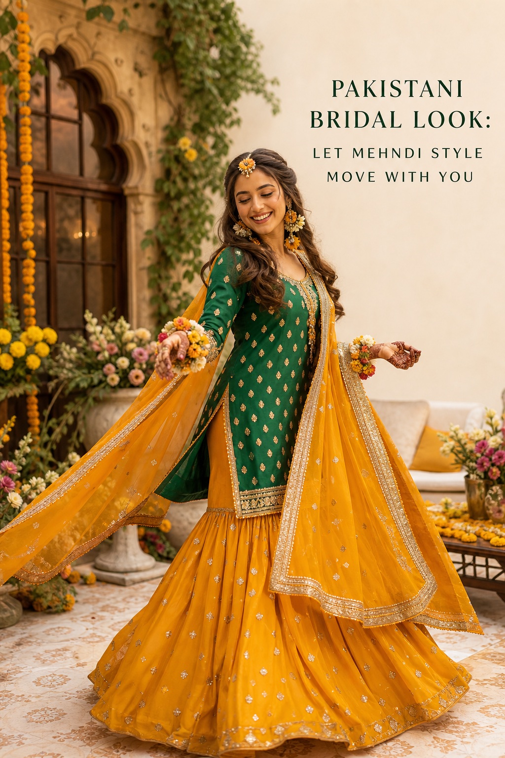pakistani bridal look in an emerald and saffron Mehndi gharara