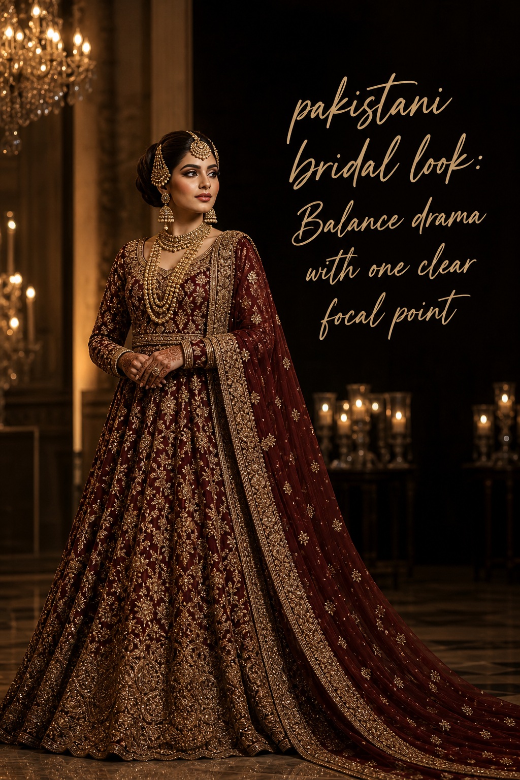pakistani bridal look in a wine lehenga with dramatic gold jewelry