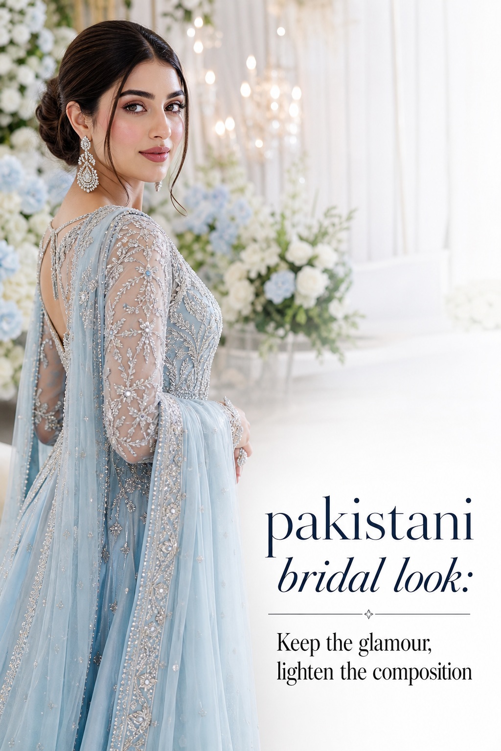 pakistani bridal look in a powder blue Walima gown with silver embroidery