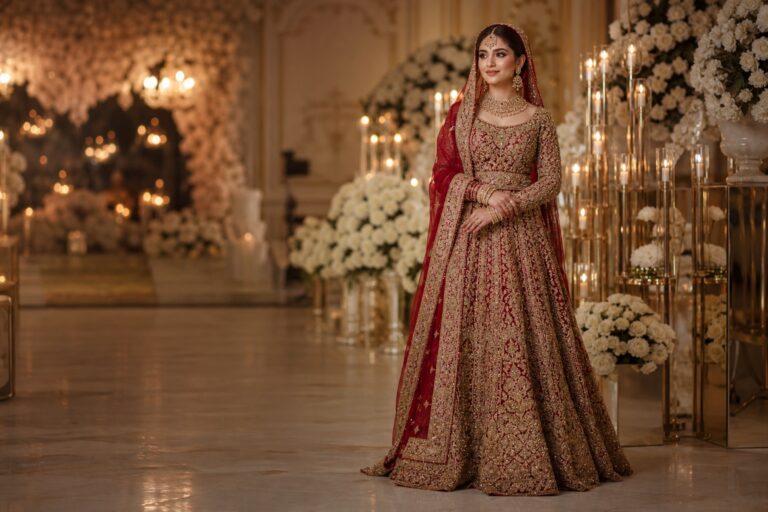 pakistani bridal look in a red and gold lehenga at a candlelit wedding hall