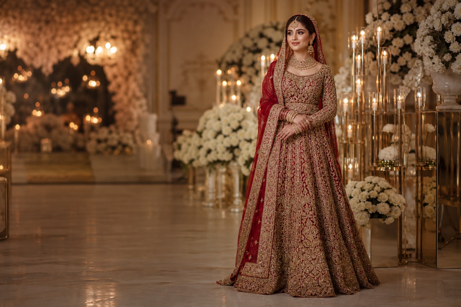 pakistani bridal look in a red and gold lehenga at a candlelit wedding hall