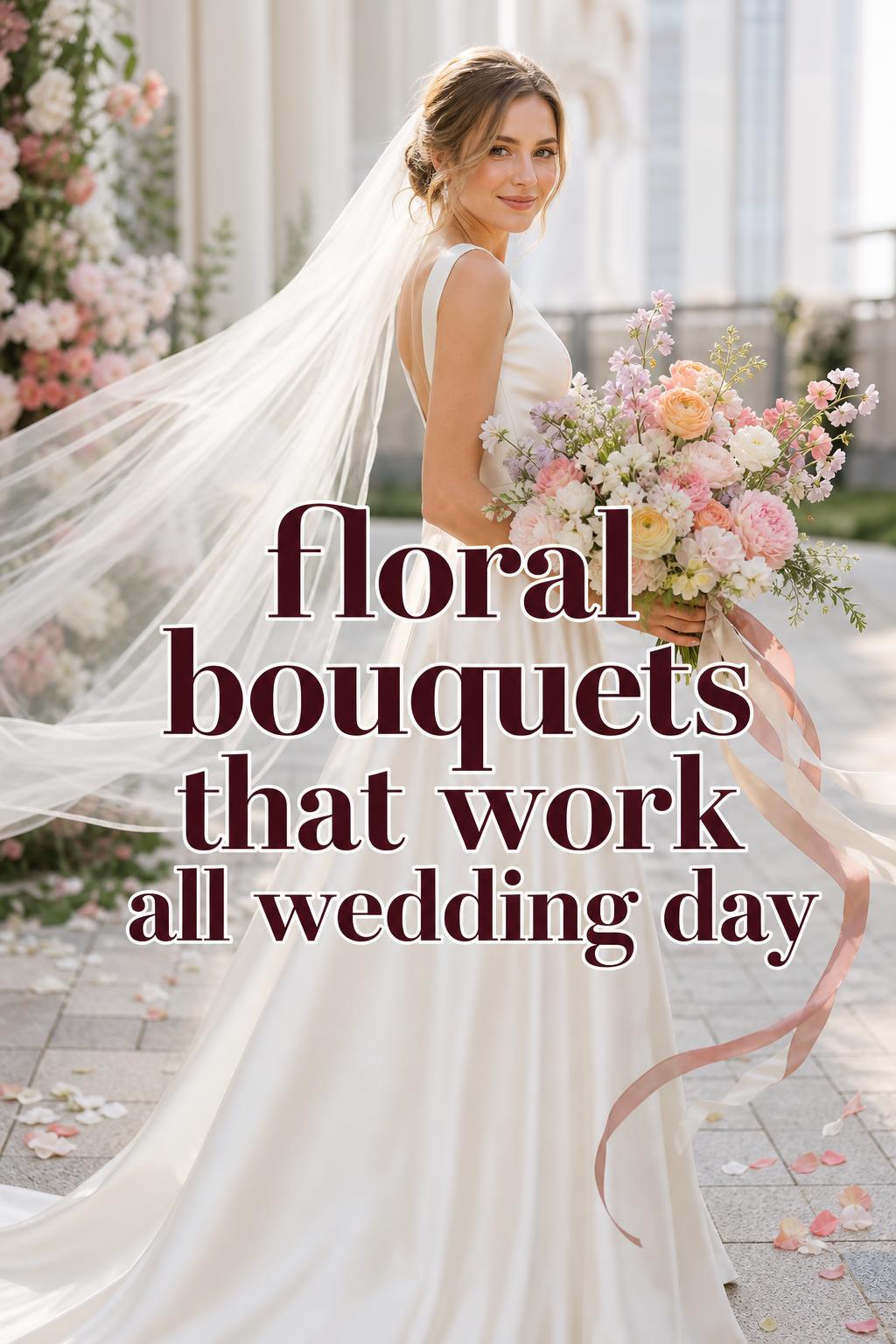 Bridal portrait holding pastel floral bouquets in a modern garden ceremony with soft ribbons and scattered petals