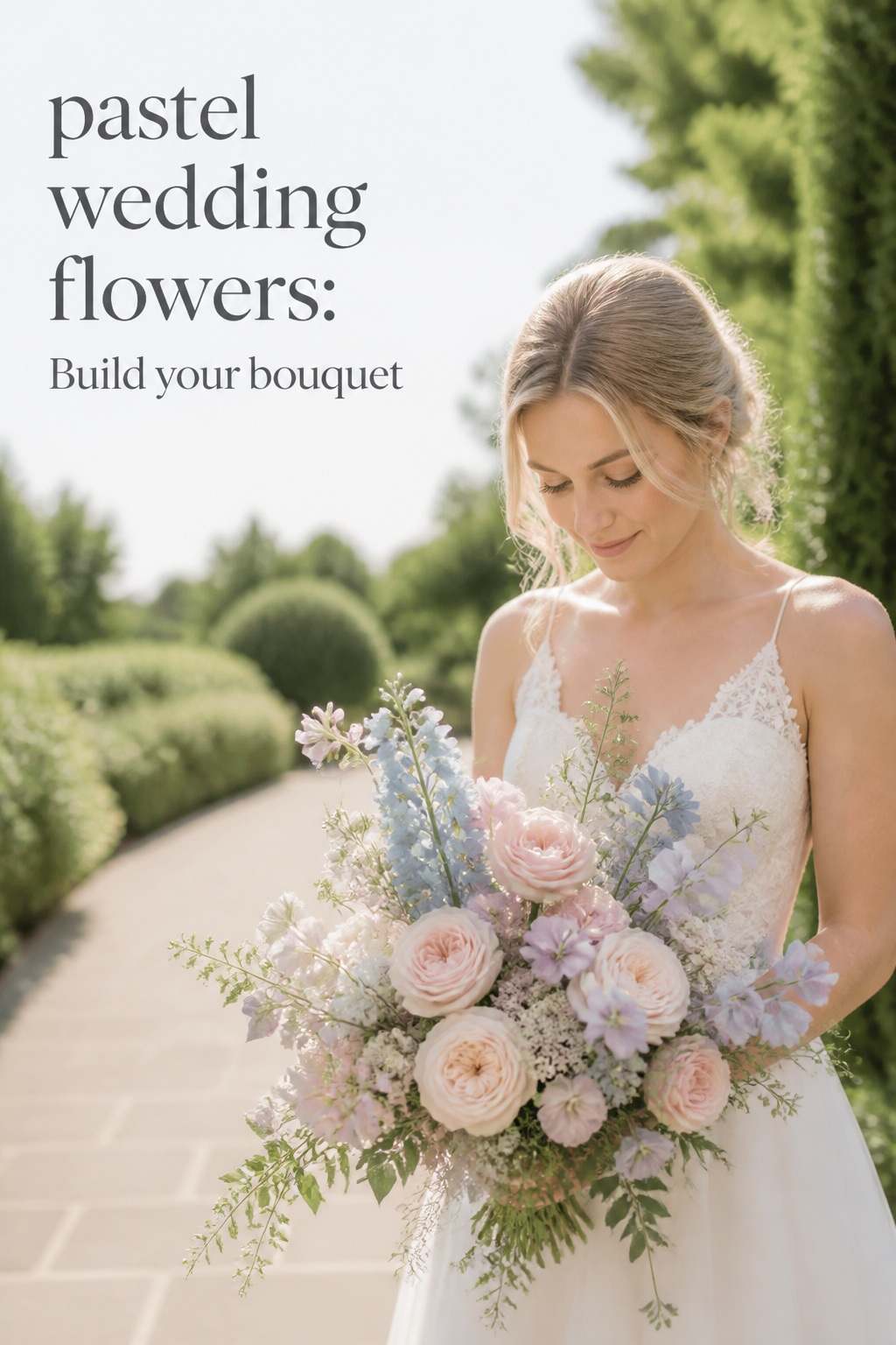 Pastel wedding flowers bouquet with blush roses, lavender, pale blue blooms, and greenery