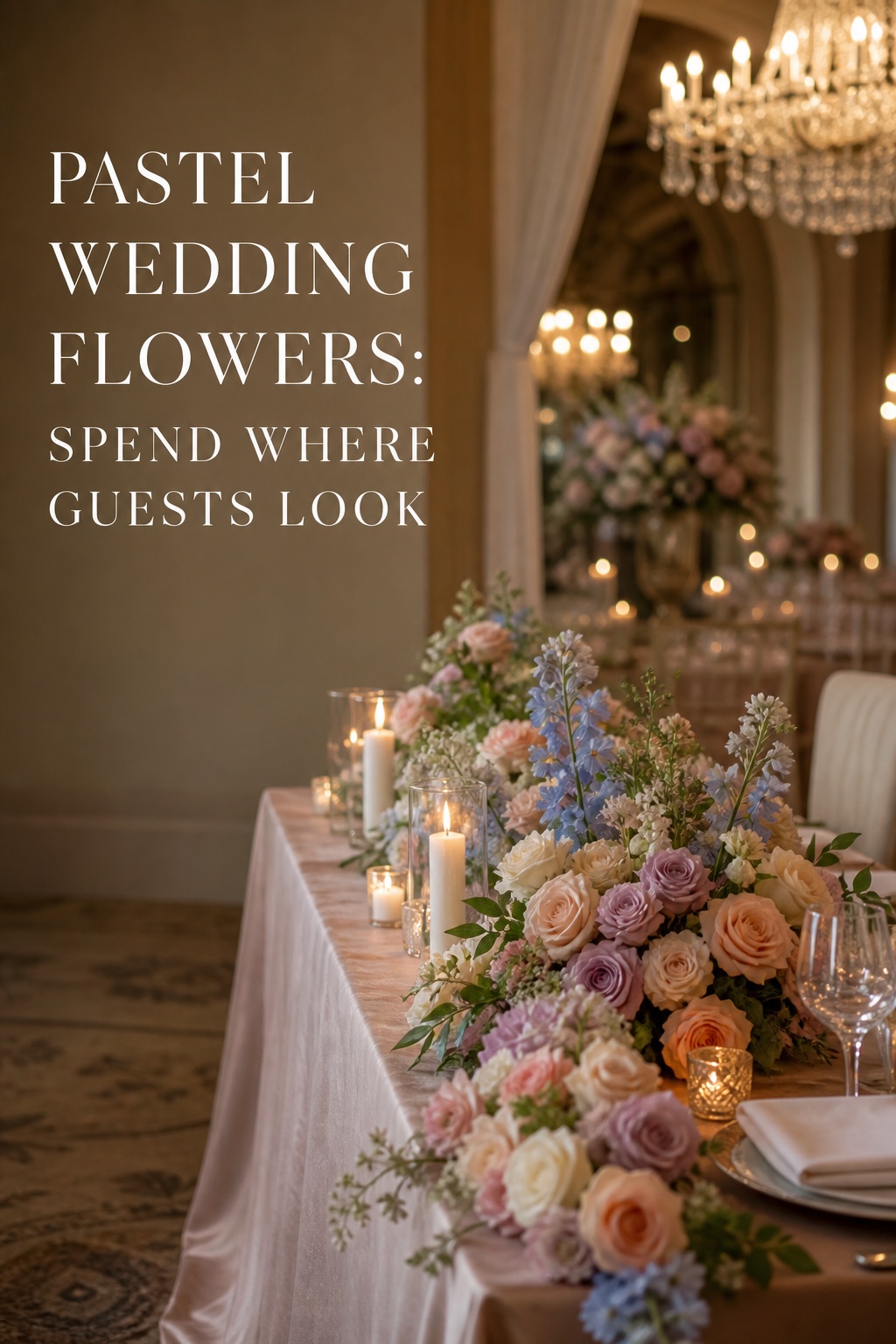 Pastel wedding flowers in a candlelit reception runner with blush, mauve, peach, blue, and cream blooms