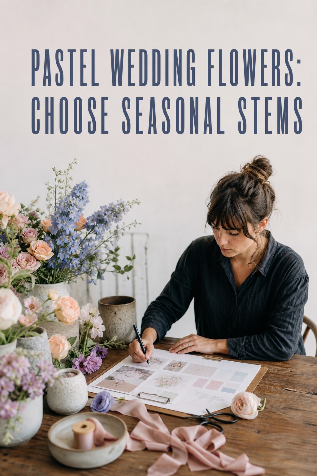 Pastel wedding flowers seasonal stems, swatches, ribbon, and ceramic vessels on a florist worktable