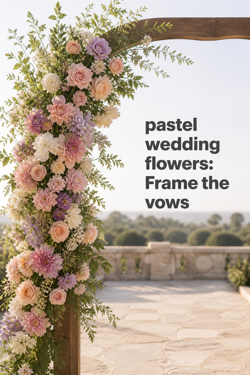 Pastel wedding flowers on an asymmetric ceremony arch with blush, peach, lilac, and ivory blooms