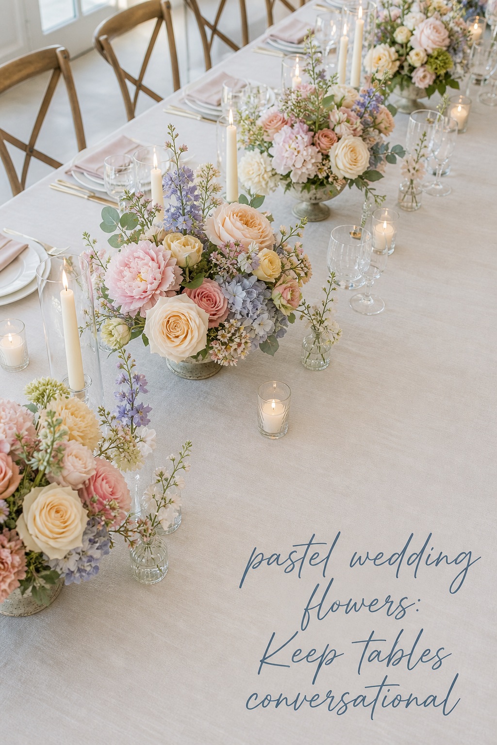 Pastel wedding flowers in low compote centerpieces and bud vases on a long linen reception table