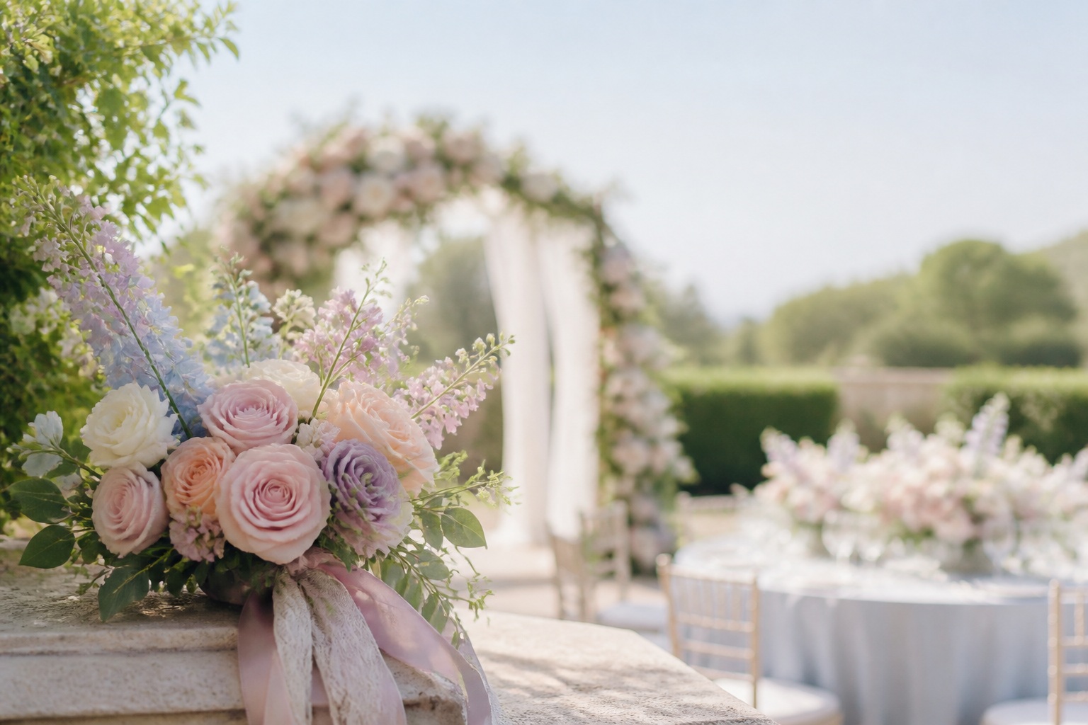 Pastel wedding flowers bouquet with a garden ceremony arch and reception tablescape