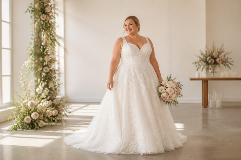 Plus size bridal dresses in a bright lace A-line wedding gown