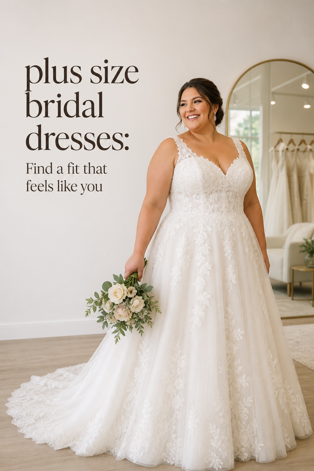 Plus size bridal dresses in a supportive lace A-line gown