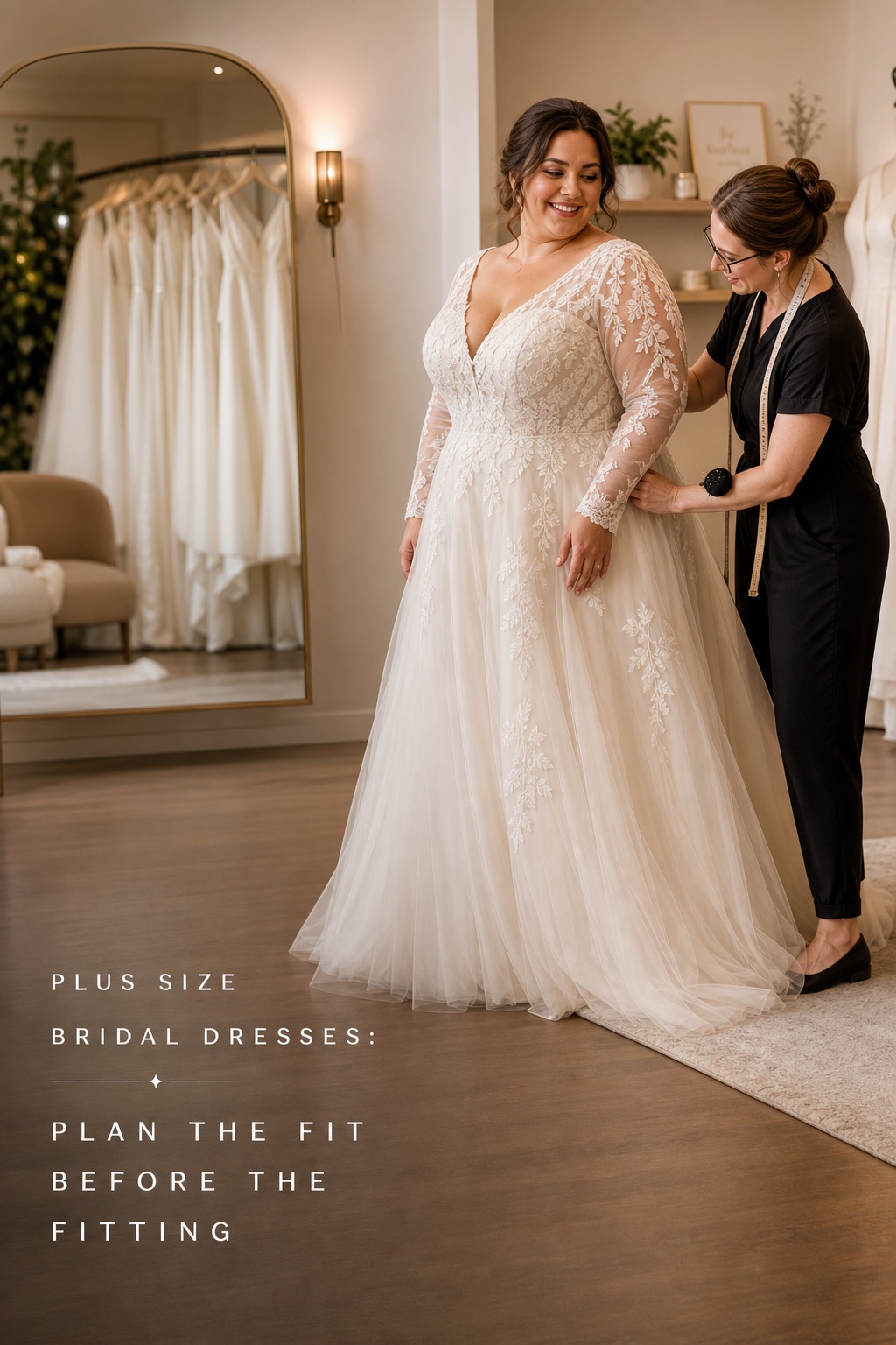 Plus size bridal dresses fitting with a bridal seamstress