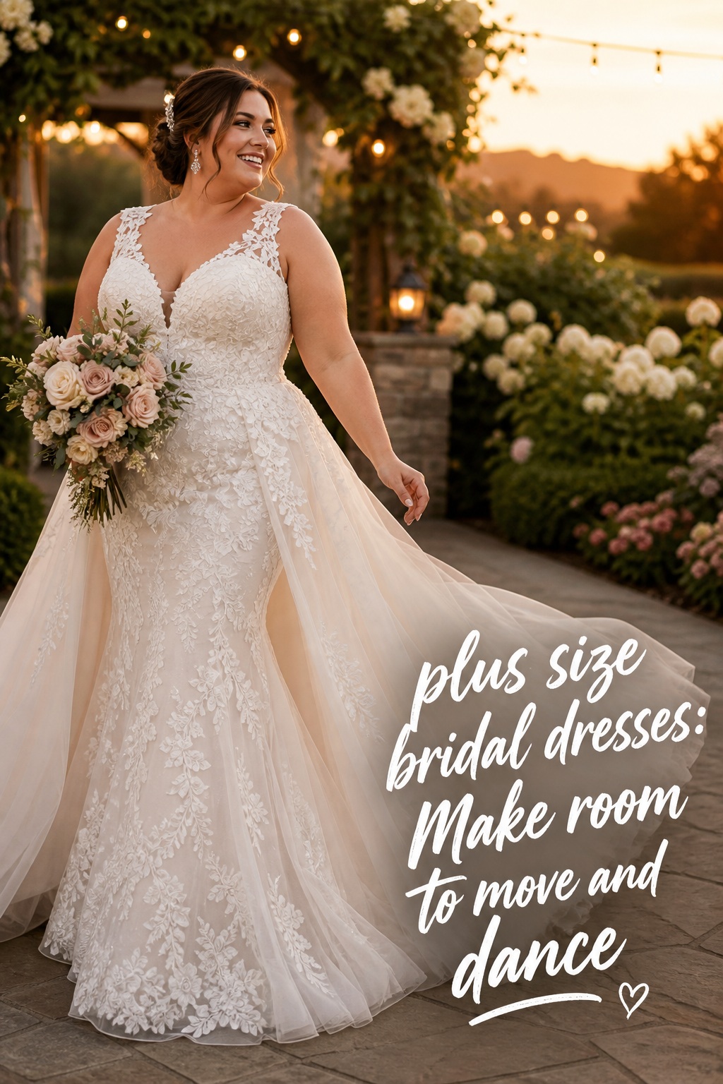 Plus size bridal dresses with room to move at a garden wedding