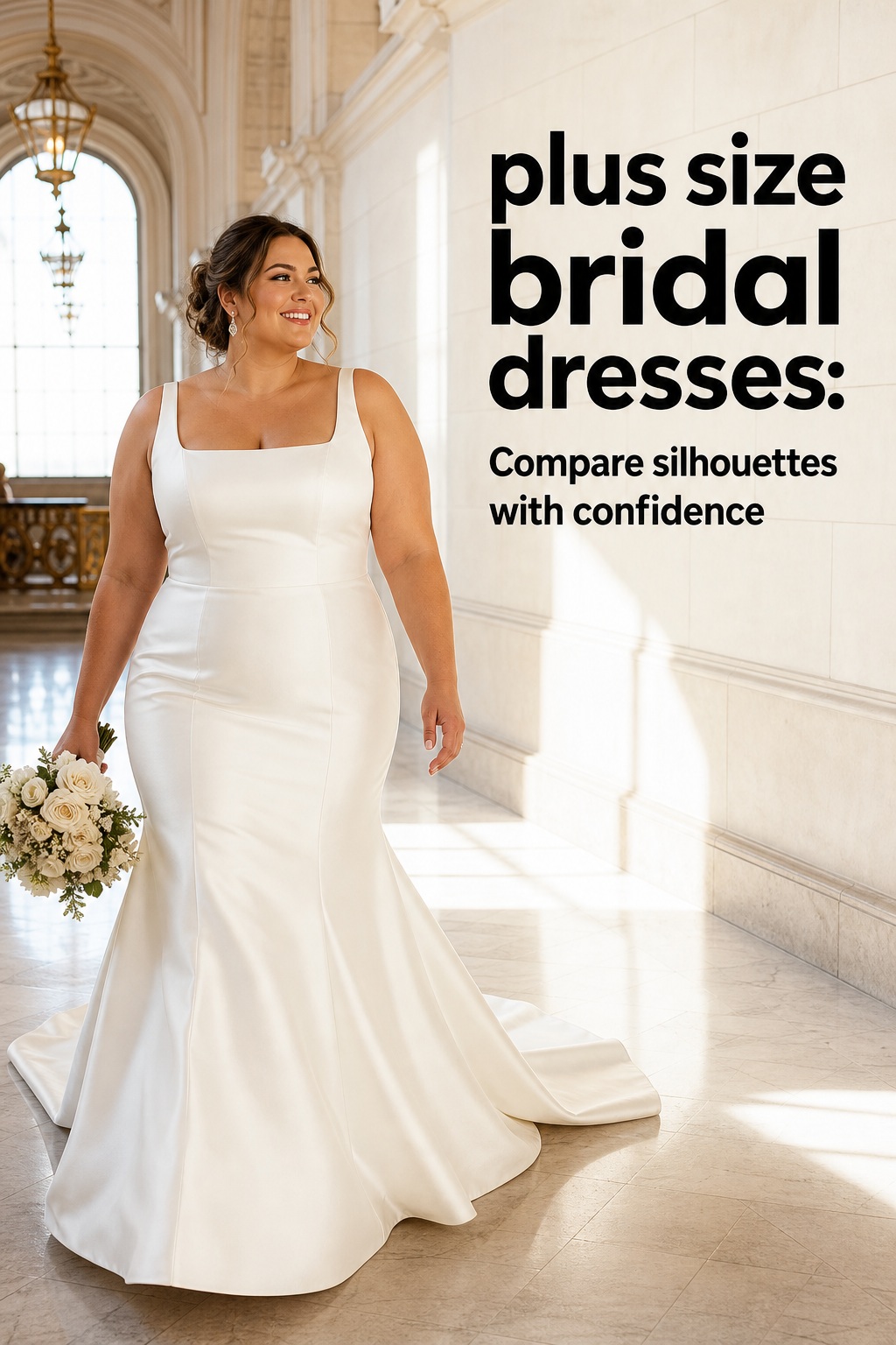 Plus size bridal dresses in a modern satin fit and flare gown