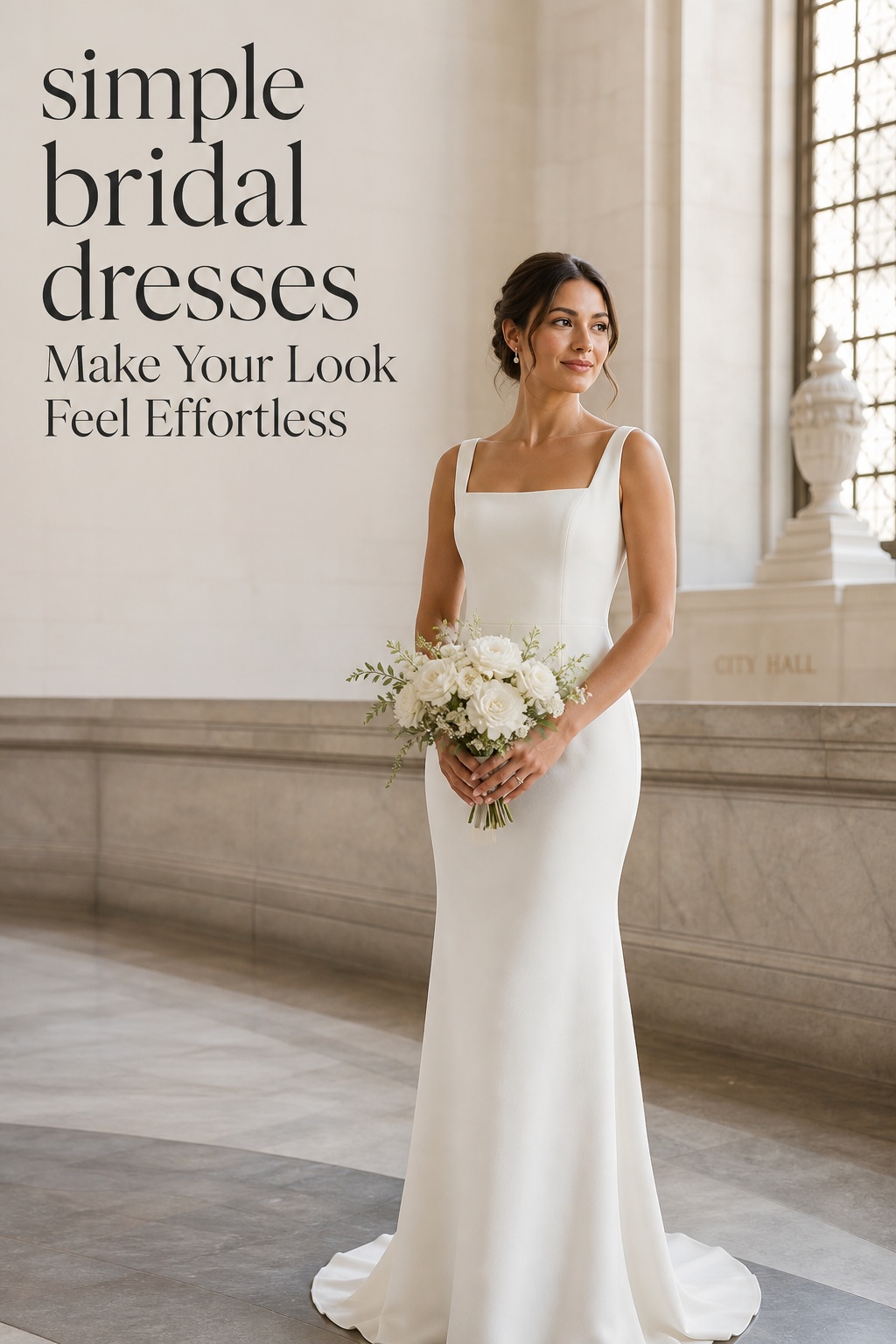 simple bridal dresses in a clean crepe sheath at city hall
